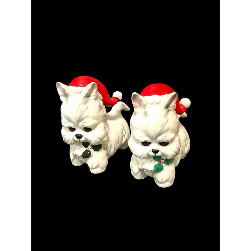 Vtg Pair Lefton Japan White Westies Terrier Dog Santa Hat Christmas Figurines